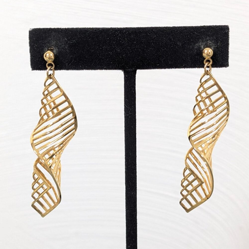Vintae Gold Tone Spiral Bar Dangle‎ Earrings Piercecd Statement Helix